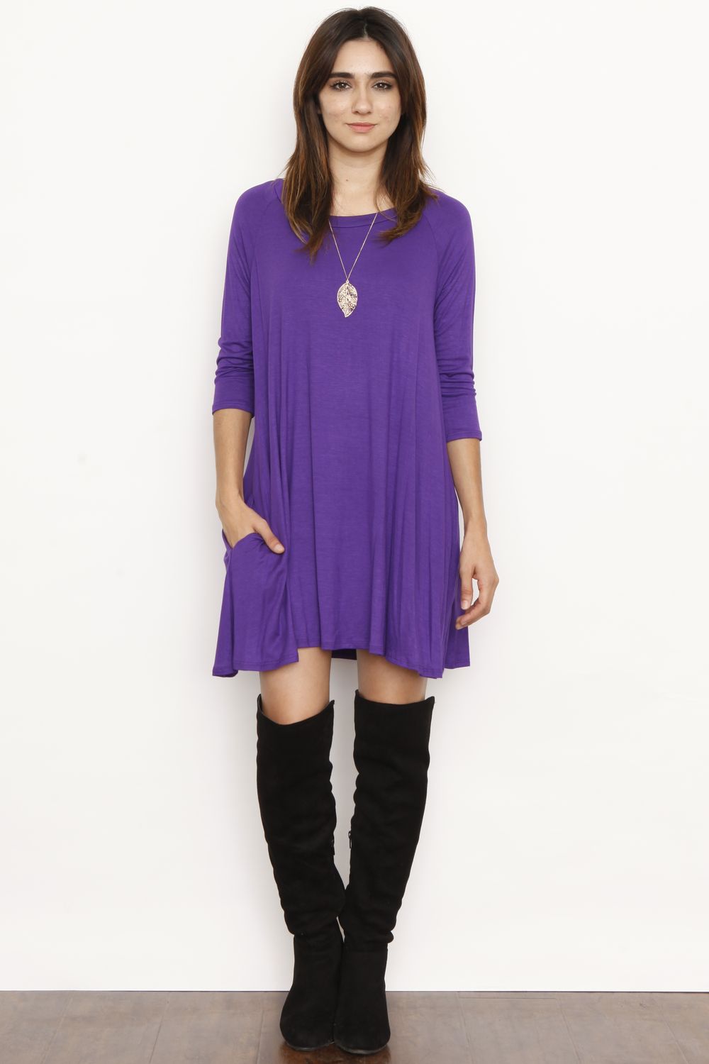 Purple 3/4 Sleeve Swing Tunic Dress ...